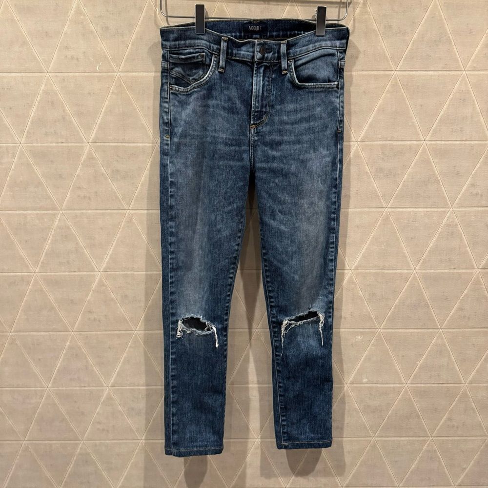 AGOLDE Sophie Skinny Ripped Distressed Knees High
Rise Acid Wash Denim Jeans
